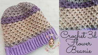 Crochet One Row Repeat 3D Flower Beanie / Crochet Hat Tutorials