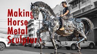 Horse metal sculpture. upcycle scrap metal artwork (4K)