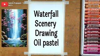 Waterfall oil pastel drawing with oil pastel- step by step tutorial