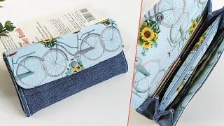 DIY Long Denim and Printed Fabric Accordion Wallet | Old Jeans Idea | Wallet Tutorial | #upcycle