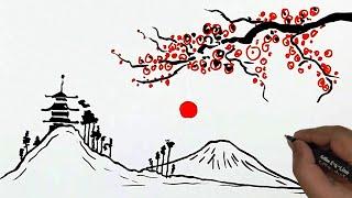 How to Draw Japanese Landscape. Easy Japanese Scenery Drawing. Ripon's art.