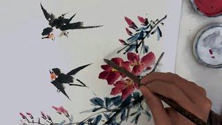 How to paint Birds and Azalea flowers – Ink wash painting