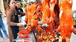 Performance of two sisters selling roast pig! Cambodian street food