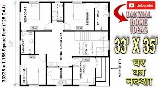 33 X 35 House Plan | 128 गज मे 3 Bedroom का Ghar ka Naksha | 3 BHK with 2 Attached Bath+Toilet