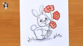 Cute Bunny with flowers drawing | Scenery drawing | Pencil sketch | Rabbit drawing