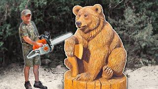 REAL SIZE WOODEN BEAR with Ax,  Amazing Chainsaw Wood Carving | Vlad Carving