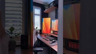 Dual Screen Mac Setup with Walnut Wall Panels - Ultimate Small Home Office #desksetup