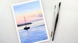 Watercolor SAILBOAT at SUNSET - SEASCAPE easy technique painting