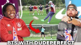 DUDEPERFECT VS TRAFFORD ON PENALTIES! + UK vs USA Foods | Behind The Scenes With @dudeperfect