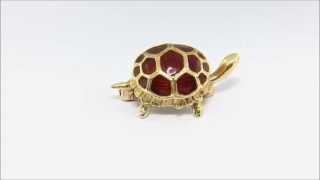 18K Gold and Ruby Red Enamel Turtle Brooch Pin