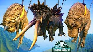 T-Rex Vs Carnotaurus Vs Stegoceratops Vs Triceratops - Jurassic World Evolution Dinosaurs Fighting