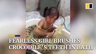 Fearless girl brushes crocodile’s teeth in bath