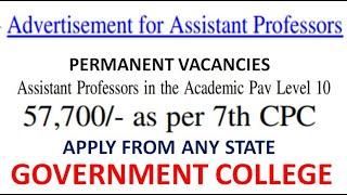 Permanent Assistant Professor Vacancies in Govt. College with Rs 57,700 pm (7th CPC) | PG/UGC NET