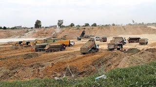 WOW!! Great Machine Strong Power Bulldozer Spreading Dirt, Pushing Soil For Big Pond Filling Up