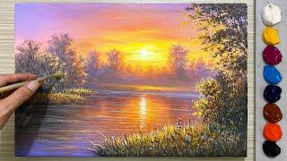 Sunset landscape painting techniques - Acrylic paint / Landscape painting / Art painting.