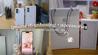 iphone 16  aesthetic unboxing + accessories, camera test comparison