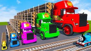 FAT CAR vs LONG CARS with Big & Small Long Mack Truck with Logs vs Trains Thomas | BeamNG.Drive