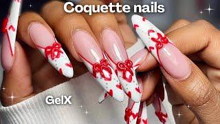 Cute Valentines GelX nails️ Long Almond Nails ˚⊹ how to do gelx nails with builder gel ⊹˚