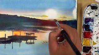Waterscape #8 - Watercolor painting of a lake at sunrise