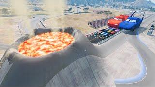 Pixar Cars vs Big & Small Lightning McQueen Boy, King Dinoco,Tow Mater vs VOLCANO HUGE -BeamNG.Drive