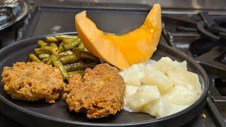Salmon patties, stewed potatoes, granny green beans Southern Cooking