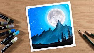 Beautiful Mountain Moonlight / Drawing with Oil Pastels / Step by Step