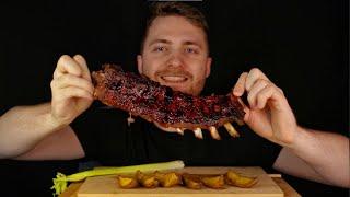 Marinated BBQ SPARERIBS Hickory. ASMR Smoked Ribs Eating