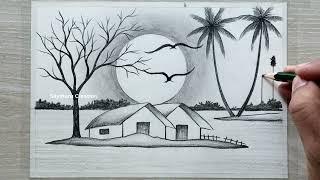 Beautiful Sunset Nature Drawing with Pencil, Pencil Sketch Drawing for Beginners