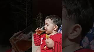 cute baby is drinking tea   