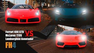 FH4 - Ferrari 488 GTB vs McLaren 720S vs Lamborghini Aventador [ Acceleration, Max Speed & more ]