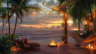 A Beautiful Golden Sunset By Cozy Beach House | Tropical Beach Waves & Crackling Fire Sound, Relax