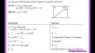 Right Angle Congruence Theorem. Two Column Proof