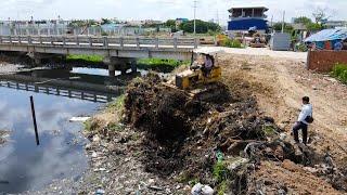 Incredible Nice Build Road Landfill Mighty Bulldozer Clearing Dirt in Water and Truck Unloading Dirt