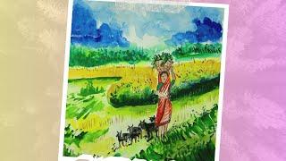 Peaceful Rural Life Watercolor Art | Girl Leading a Goat Through a Scenic Path