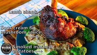 Smoked Lamb shanks potjie with sour cream sauce | Smoked mashed potatoes with roasted garlic & cream