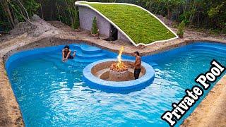 100 Days How I Build a Private Pool and Fire Pit  in a Luxury Underground Hut with Grass Roof