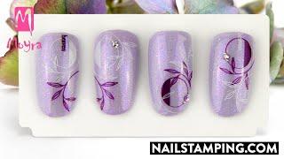 Purple stamping nail art on diamond shine base (nailstamping.com)