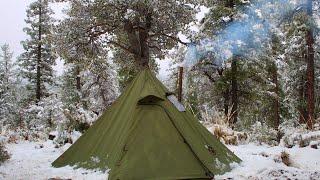 Solo Camping in Hot Tent, Relaxing in Tent Shelter, with my Dog, Snow ASMR