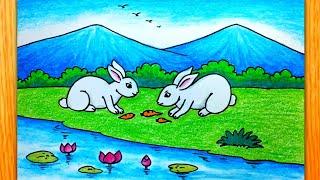 Simple Rabbit with Scenery Drawing and Colour | How to Draw Easy Rabbit Scenery | Rabbit Drawing