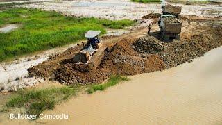 Incredible! Dozer Komatsu D48P Pushing Clearing Stone Soiled into Water Build New Road | Dump Truck