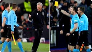 West Ham boss David Moyes is booked for protesting Cresswell red card against Lyon