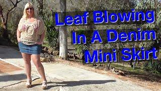 Leaf Blowing In A Denim Mini Skirt