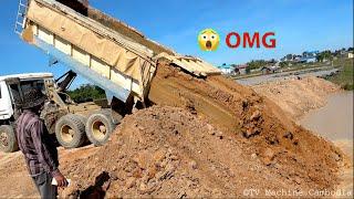 Unbelievable Unloading Soil &Rocks to Water By Smart Truck 10Wheels Working With Dozer Leveling