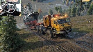 Azov 4220 Antartic - Towing a Boat on a Muddy Road | SnowRunner | Logitech G29 Gameplay | #595