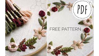 Embroidery for beginners. Floral wreath + free pattern #003