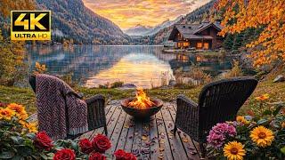 Cozy Autumn Sunset Lakeside in the Mountains: Soothing Water Sounds and Crackling Fire Pit. Birdsong