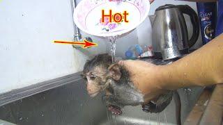Baby Monkey JoJo Bathed With Hot Water Because JoJo Not Like Cold Water