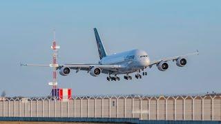 Přistání největšího letadla světa za silného větru v Praze. Lufthansa Airbus A380-800