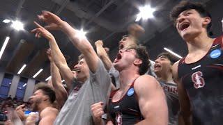 Asher Hong reacts to Stanford winning a fifth straight NCAA men's gymnastics title