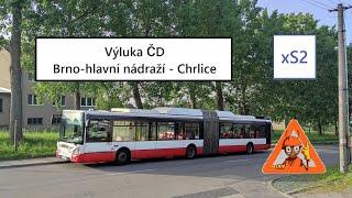 DPMB linka xS2 - náhradní doprava za vlak BRNO - CHRLICE a zpět; trasa po dálnici